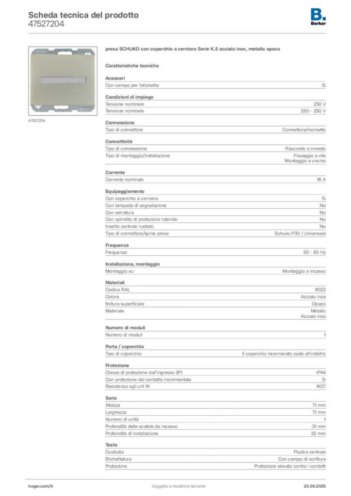 Immagine Berker Scheda tecnica del prodotto 47527204 | Hager Italia