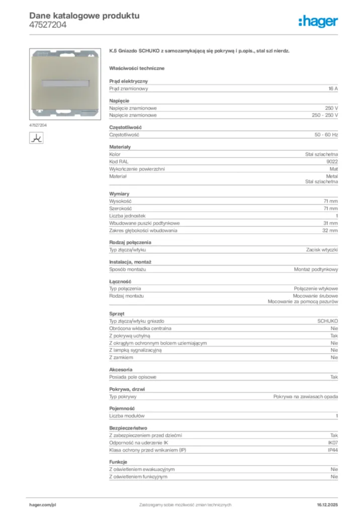 Zdjęcie Hager Karta katalogowa 47527204 | Hager Polska