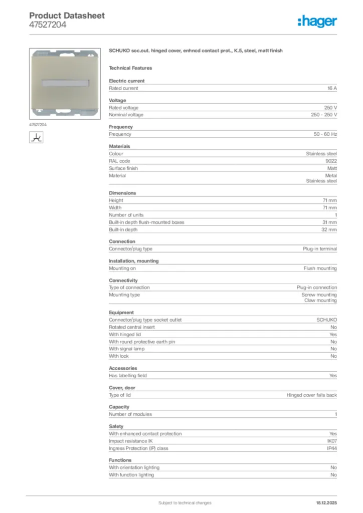 Image Hager Product data sheet 47527204  | Hager