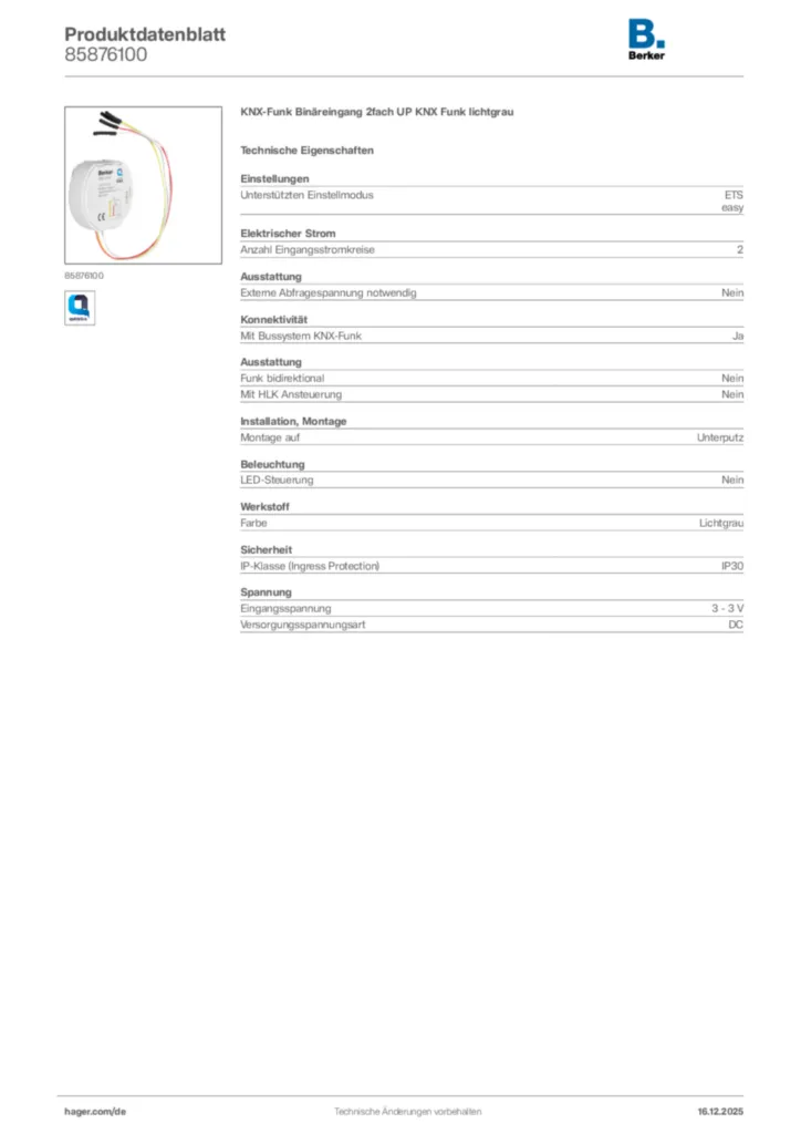 Bild Berker Produktdatenblatt 85876100 | Hager Deutschland
