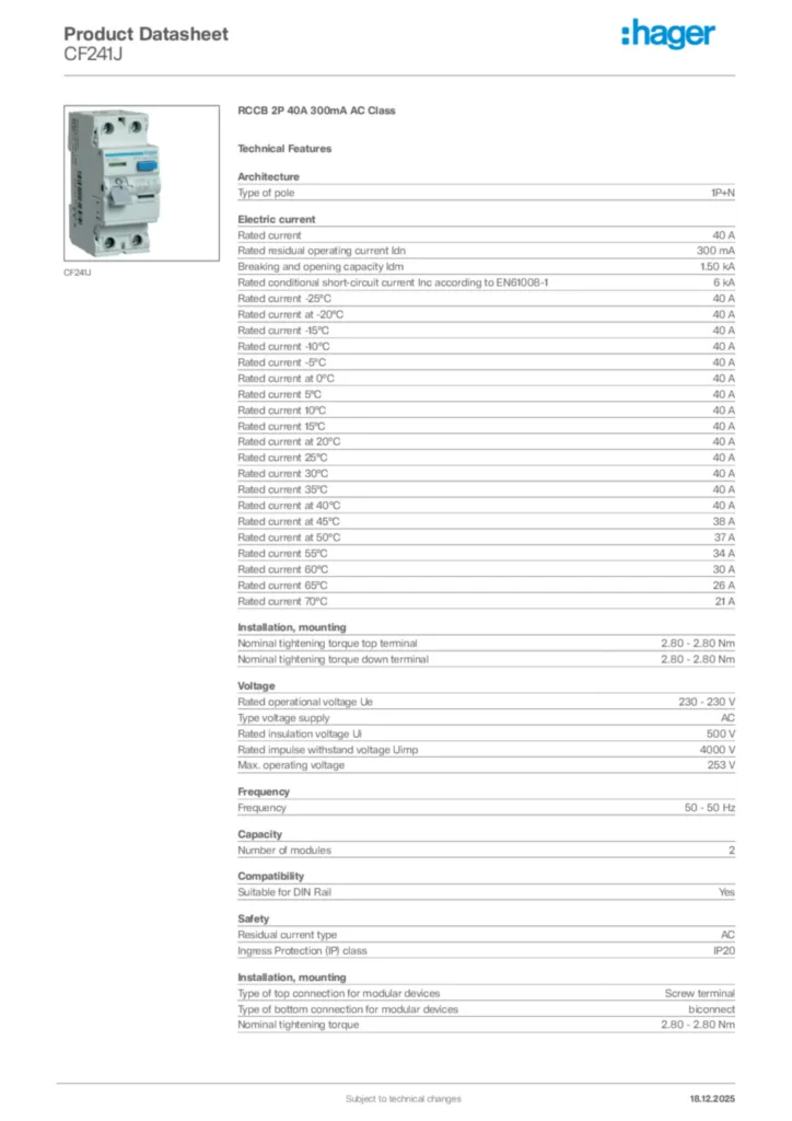 Image Hager Product data sheet CF241J  | Hager