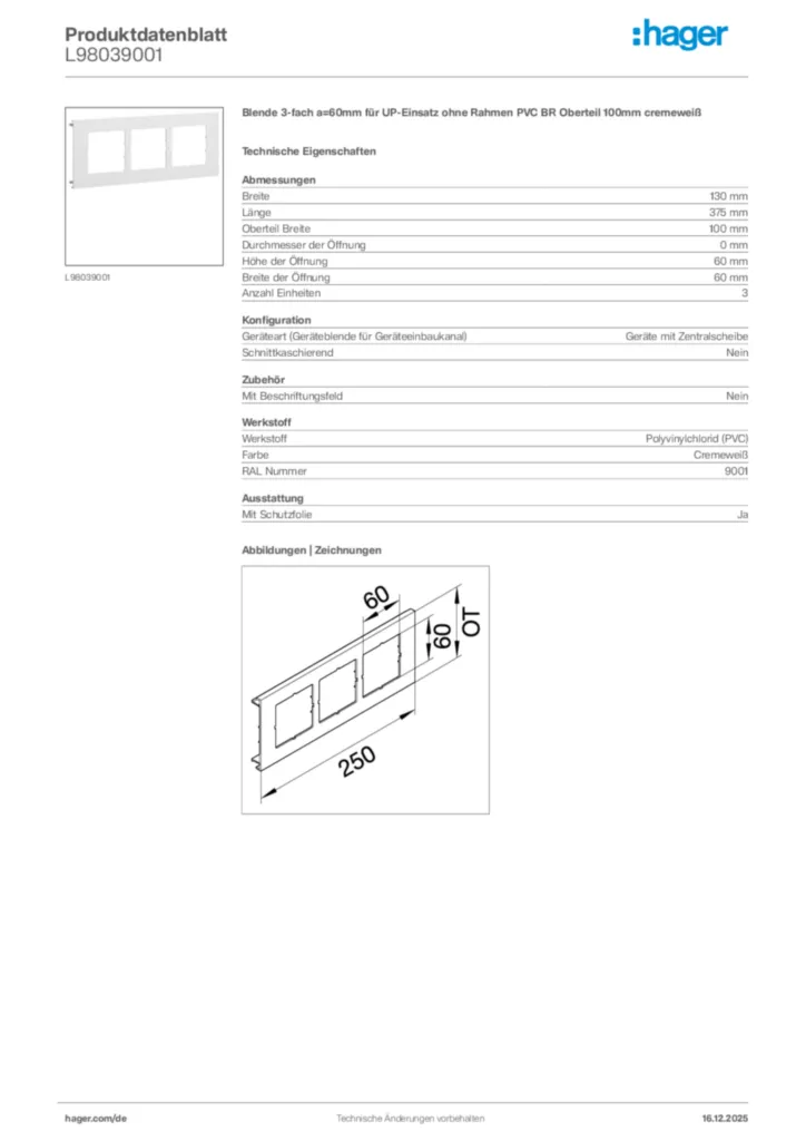Bild Hager Produktdatenblatt L98039001 | Hager Deutschland
