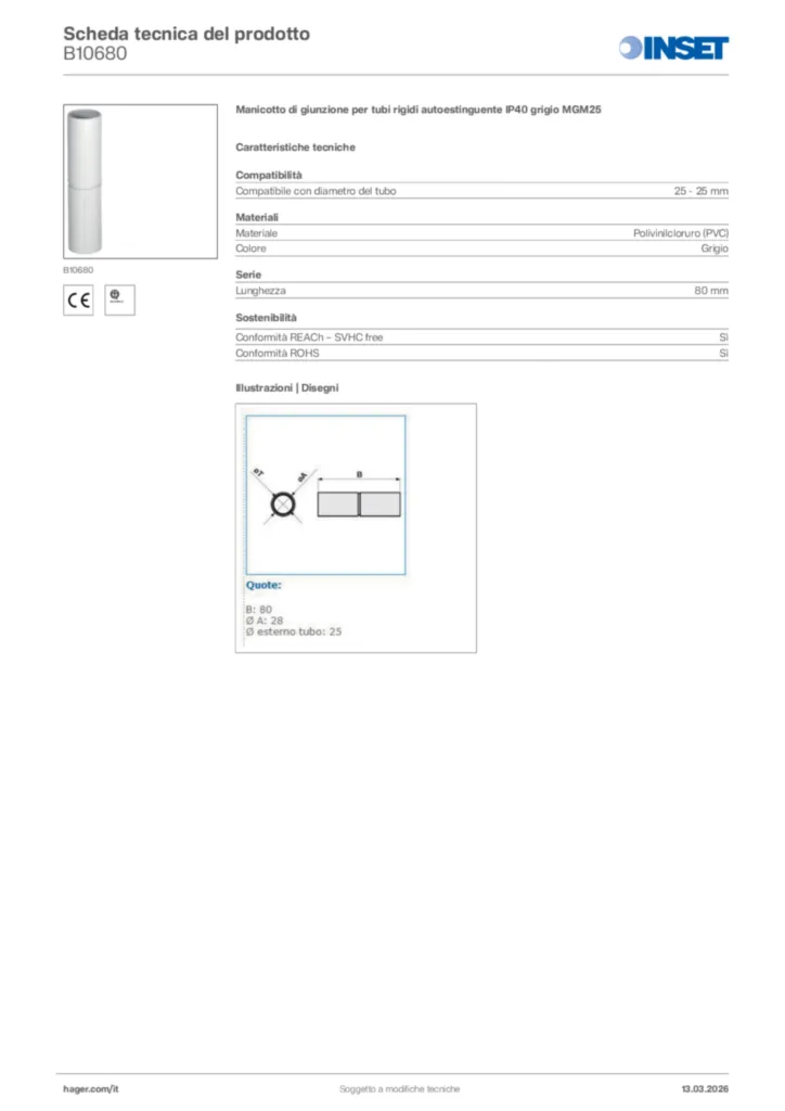 Immagine Inset Scheda tecnica del prodotto B10680 | Hager Italia