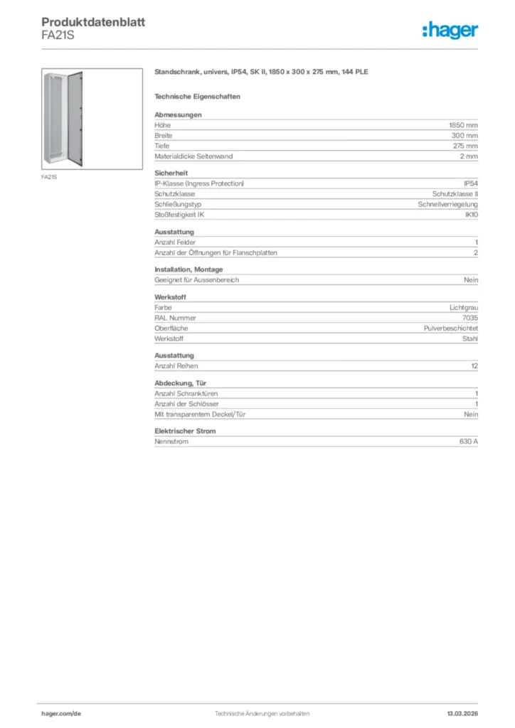 Bild Hager Produktdatenblatt FA21S | Hager Deutschland