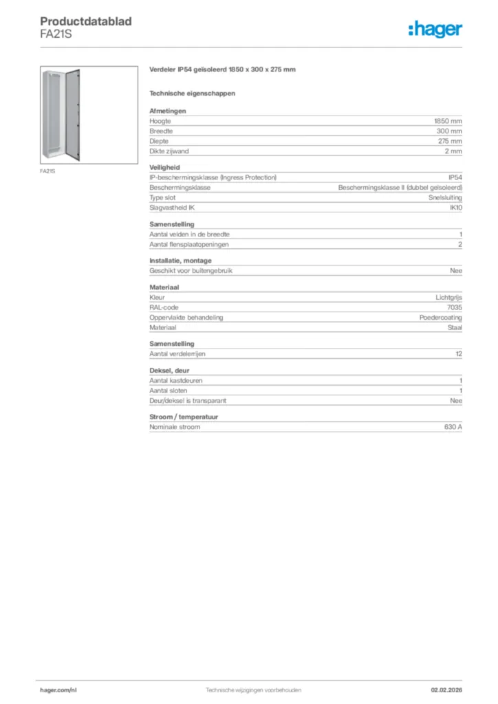 Afbeelding Hager Productdatablad FA21S | Hager Nederland