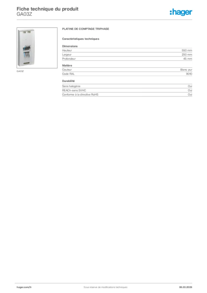 Image Hager Fiche technique du produit GA03Z | Hager France