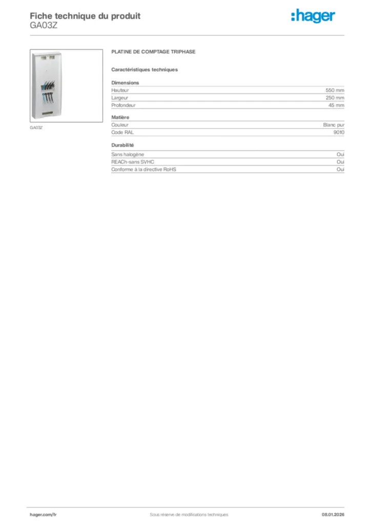 Image Hager Fiche technique du produit GA03Z | Hager France