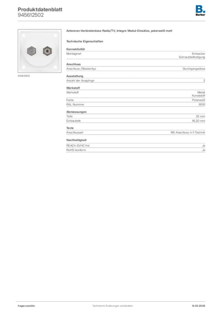 Bild Berker Produktdatenblatt 945612502 | Hager Deutschland