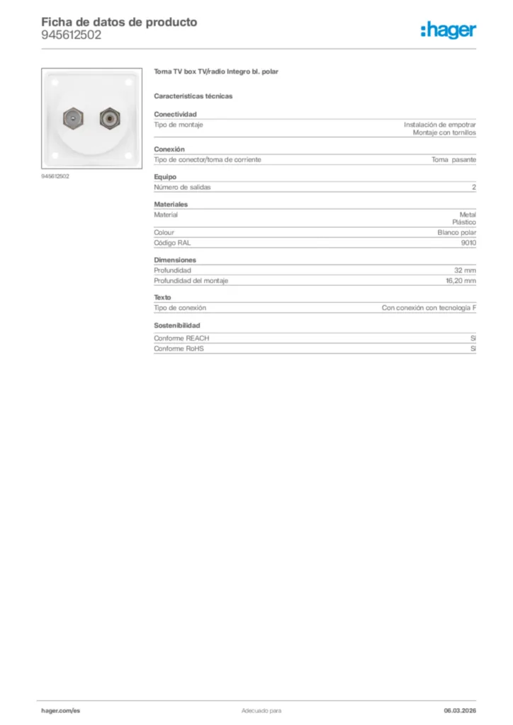 Imagen Hager Ficha de datos de producto 945612502 | Hager España