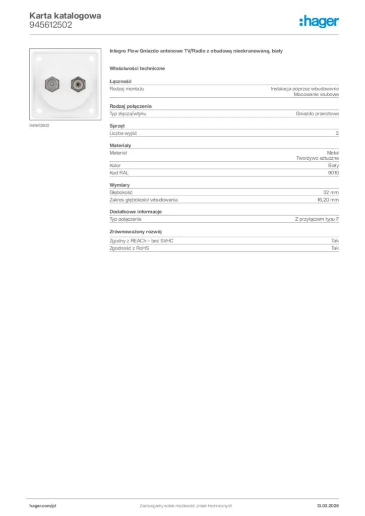 Zdjęcie Hager Karta katalogowa 945612502 | Hager Polska