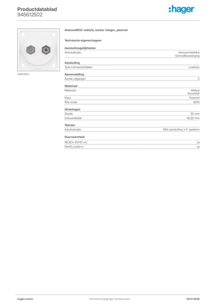 Afbeelding Hager Productdatablad 945612502 | Hager Nederland