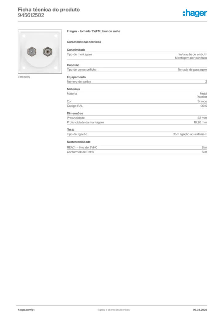 Imagem Hager Ficha técnica do produto 945612502 | Hager Portugal