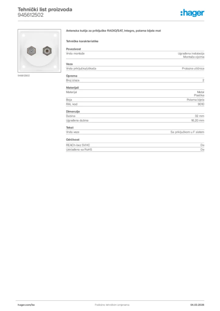Slika Hager Tehnički list proizvoda 945612502  | Hager