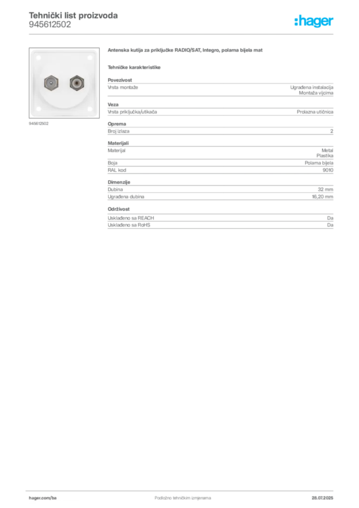 Slika Hager Product data sheet 945612502  | Hager