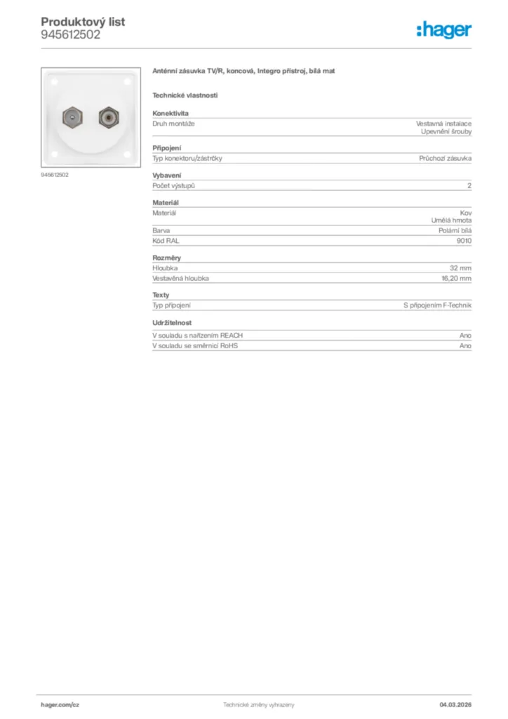 Obrázek Hager Product data sheet 945612502 | Hager