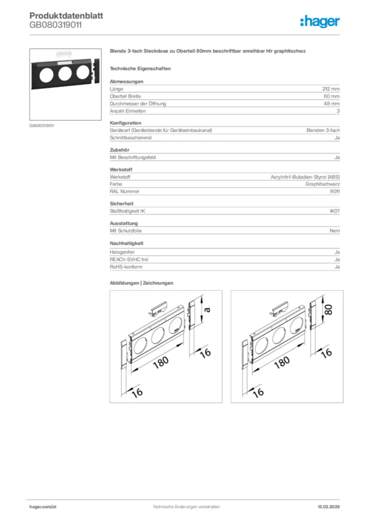 Bild Hager Produktdatenblatt GB080319011 | Hager Deutschland