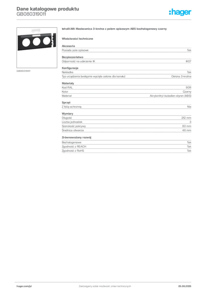 Zdjęcie Hager Karta katalogowa GB080319011 | Hager Polska