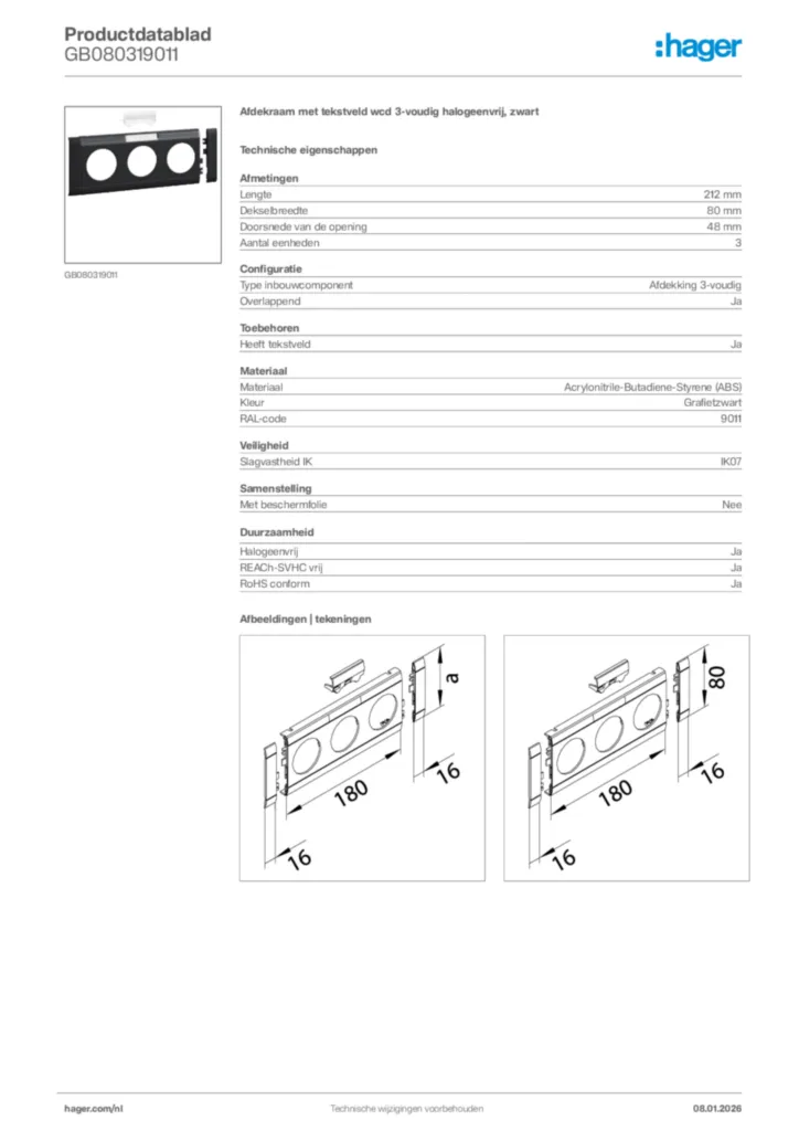 Afbeelding Hager Productdatablad GB080319011 | Hager Nederland