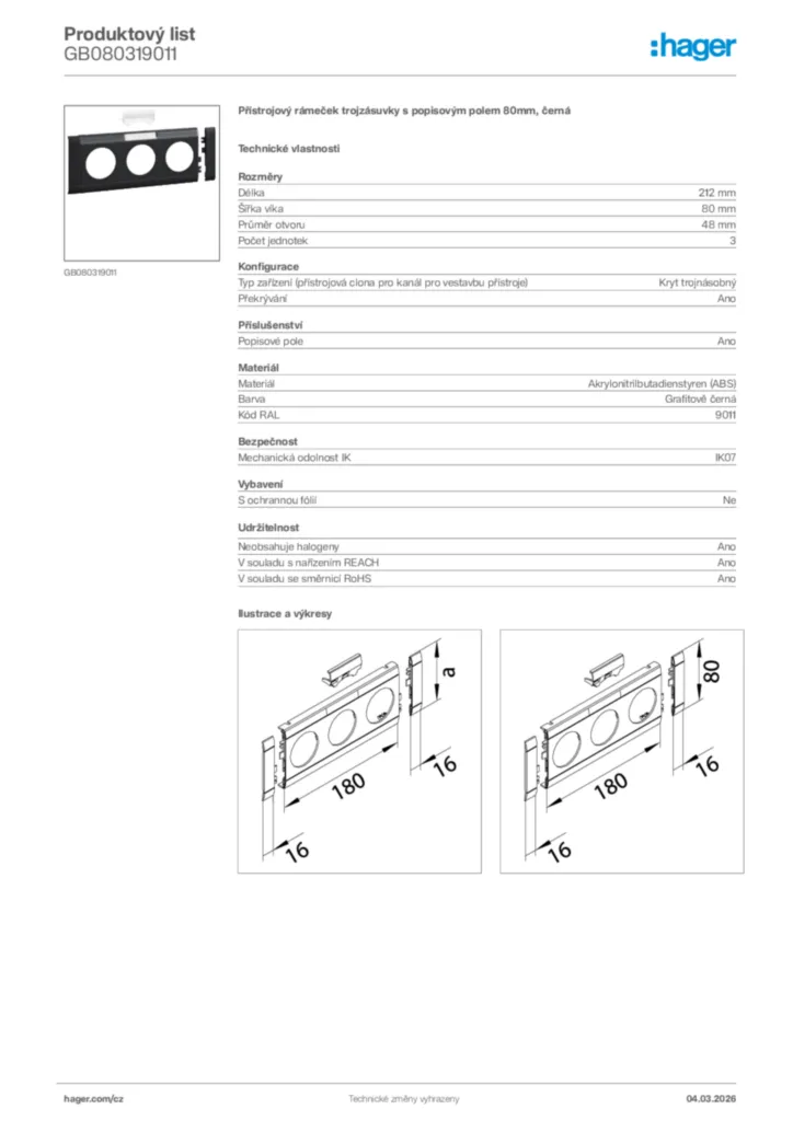 Obrázek Hager Product data sheet GB080319011 | Hager