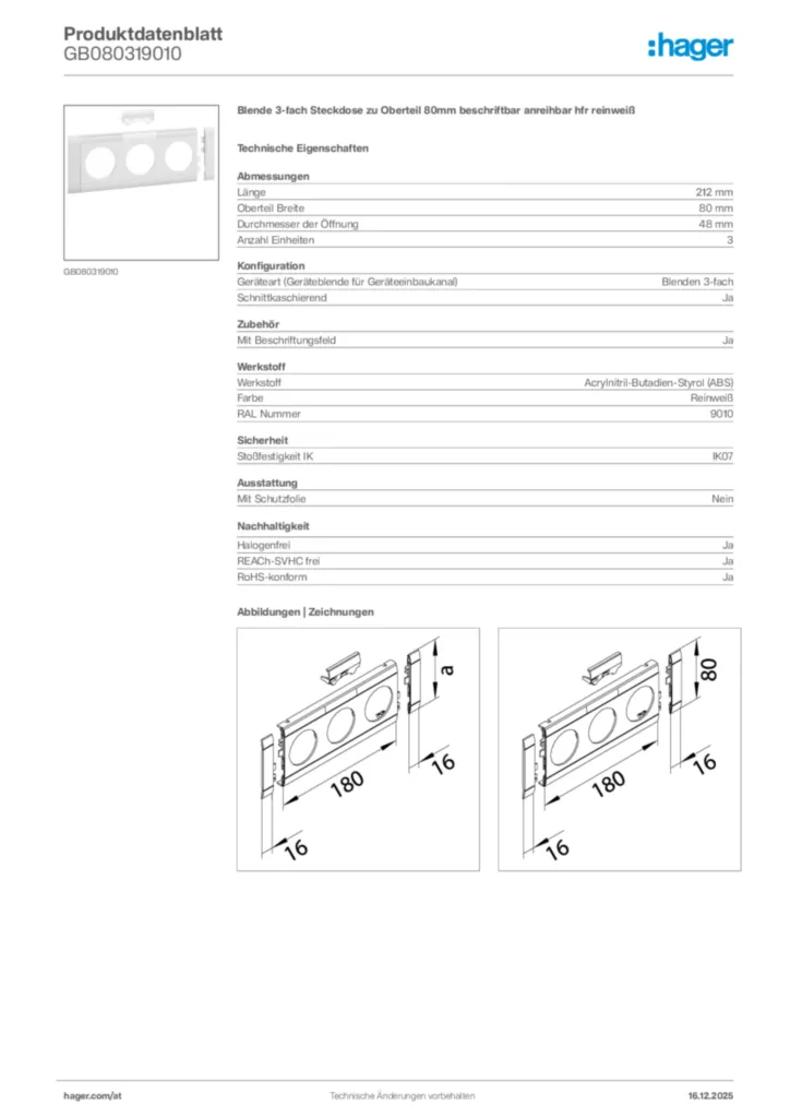Bild Hager Produktdatenblatt GB080319010 | Hager Deutschland