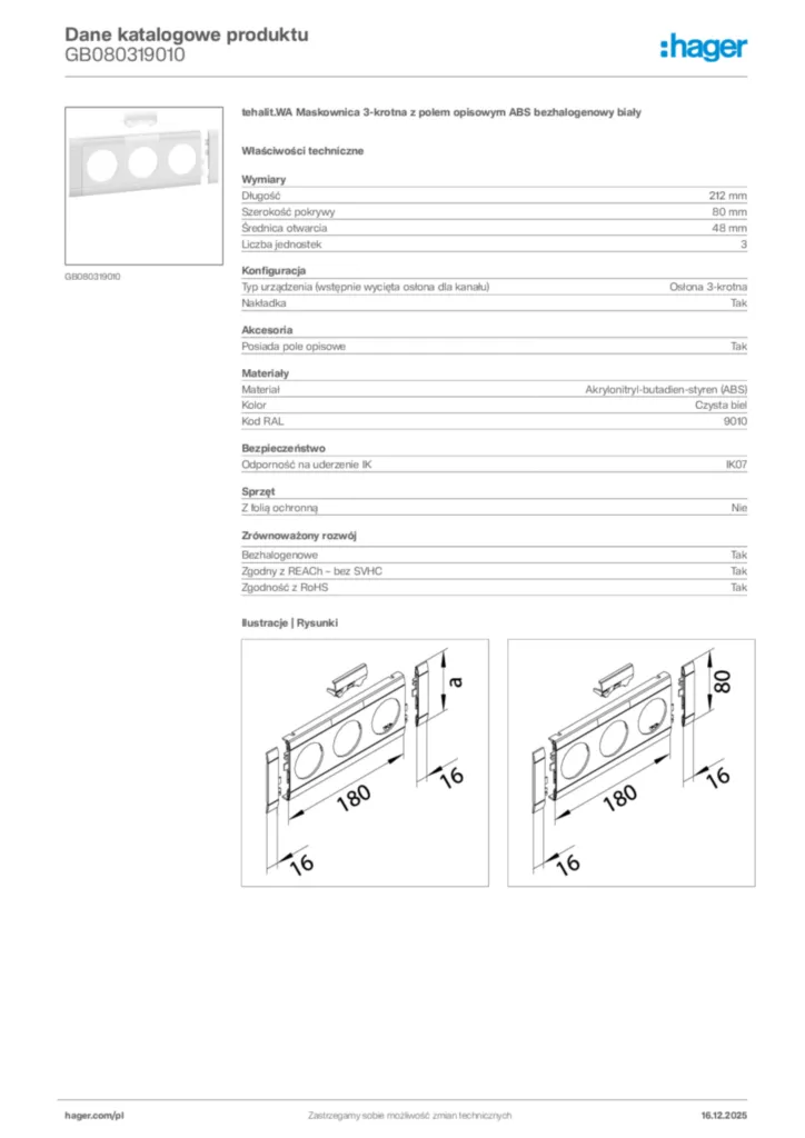 Zdjęcie Hager Karta katalogowa GB080319010 | Hager Polska