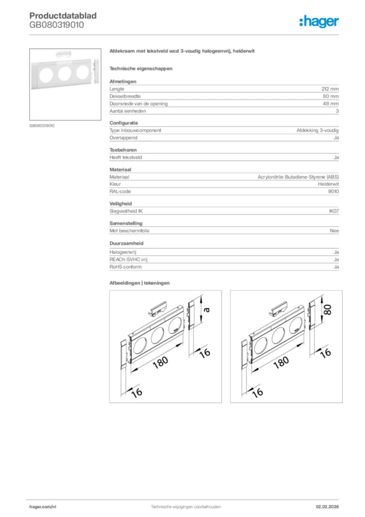 Afbeelding Hager Productdatablad GB080319010 | Hager Nederland