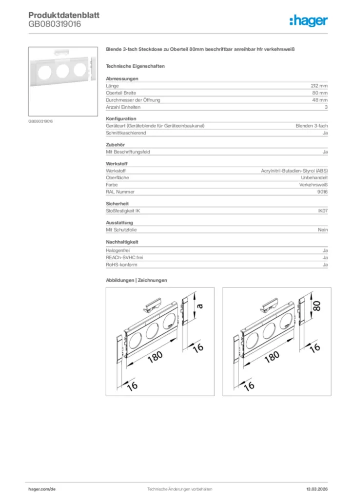 Bild Hager Produktdatenblatt GB080319016 | Hager Deutschland
