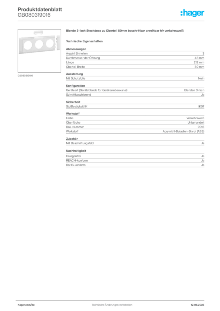 Bild Hager Produktdatenblatt GB080319016 | Hager Deutschland