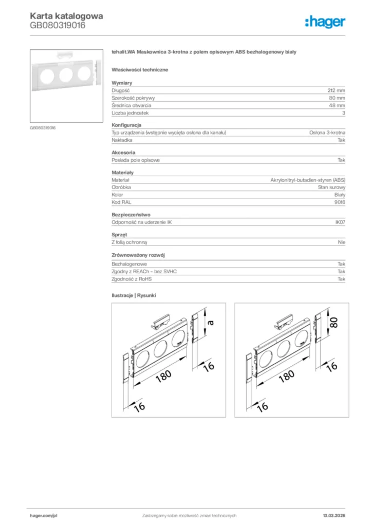 Zdjęcie Hager Karta katalogowa GB080319016 | Hager Polska