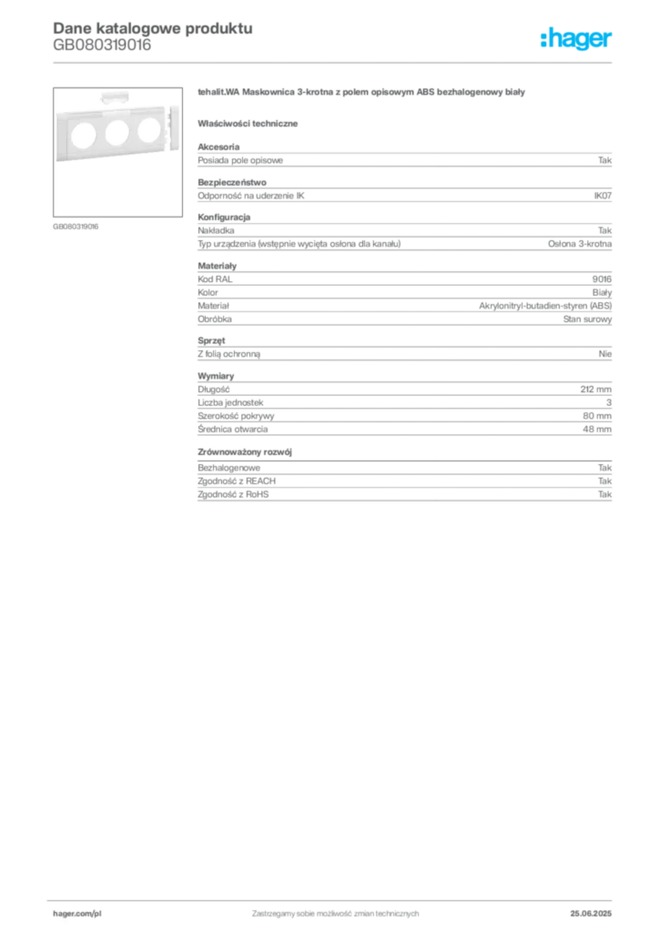 Zdjęcie Hager Karta katalogowa GB080319016 | Hager Polska
