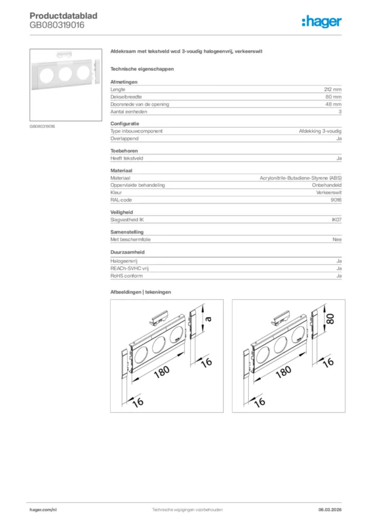 Afbeelding Hager Productdatablad GB080319016 | Hager Nederland