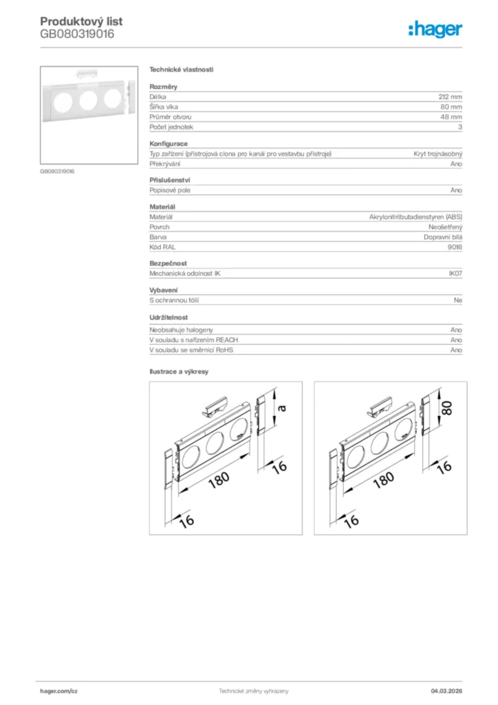 Obrázek Hager Product data sheet GB080319016 | Hager