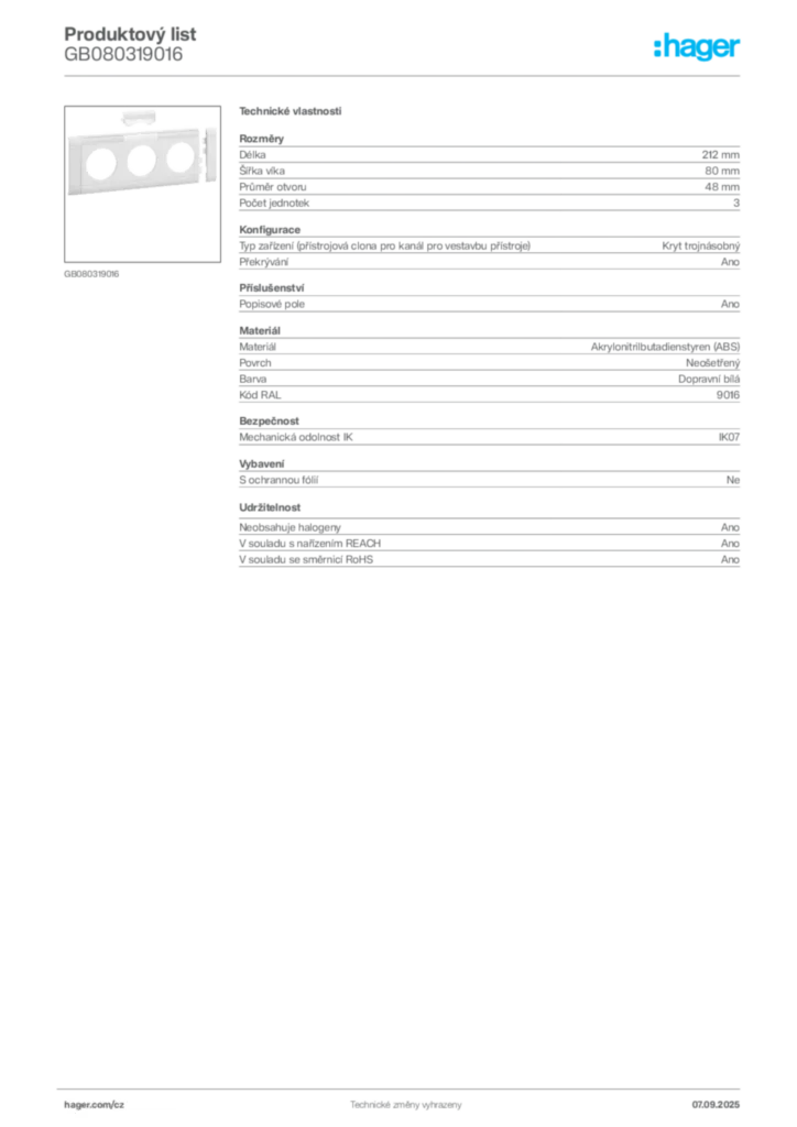 Obrázek Hager Produktový list GB080319016 | Hager