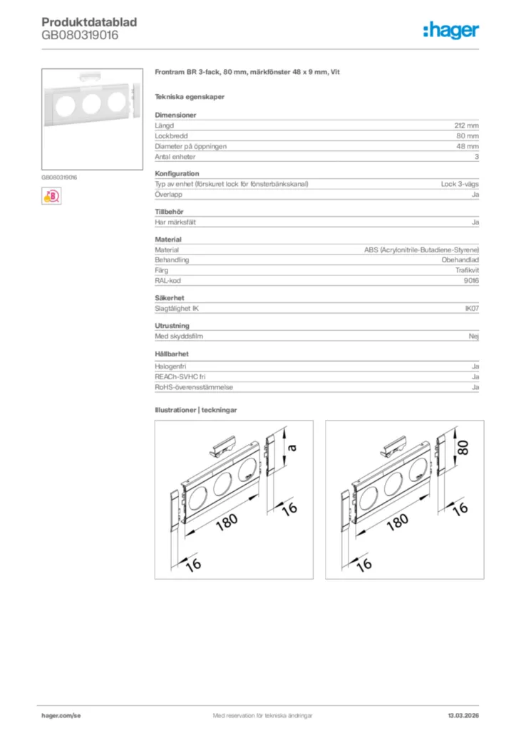 Bild Hager Produktdatablad GB080319016 | Hager Sverige