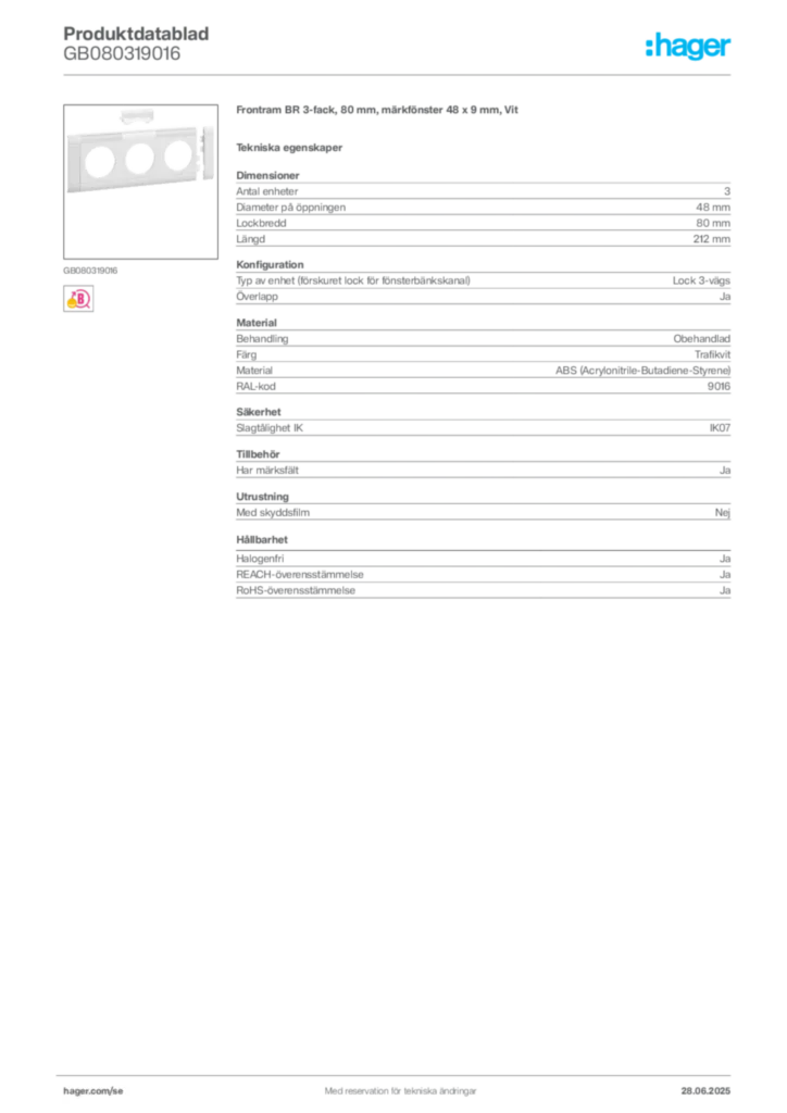 Bild Hager Produktdatablad GB080319016 | Hager Sverige