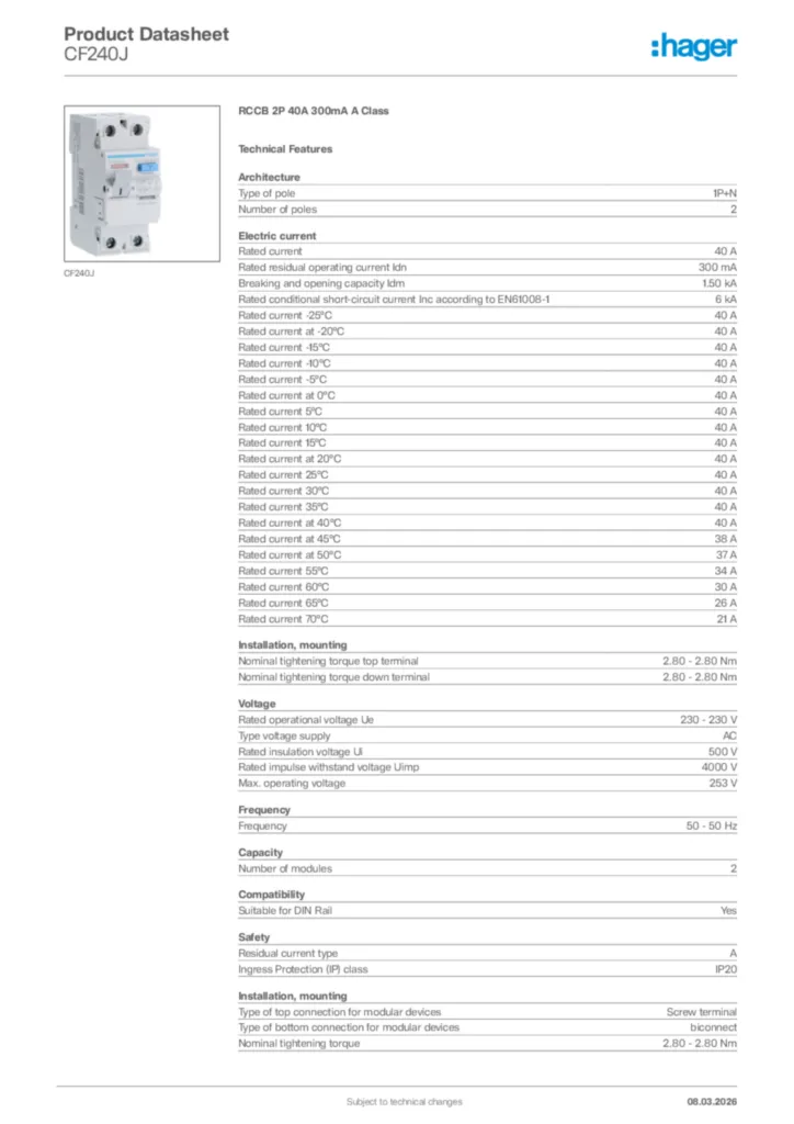 Image Hager Product data sheet CF240J  | Hager Africa