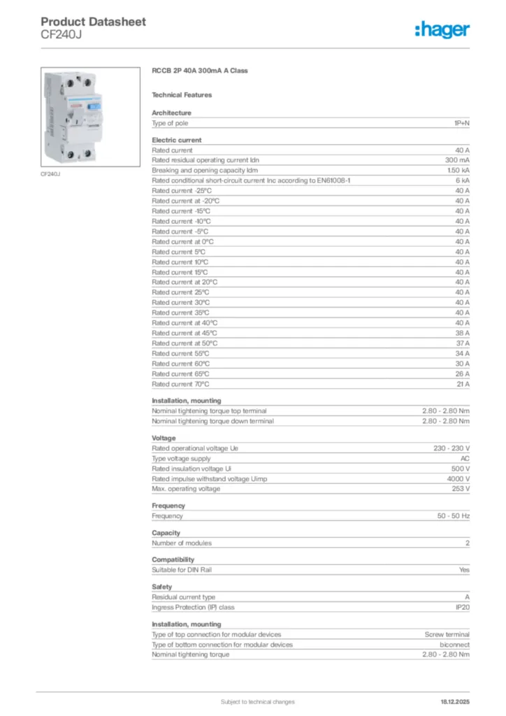 Image Hager Product data sheet CF240J  | Hager Africa