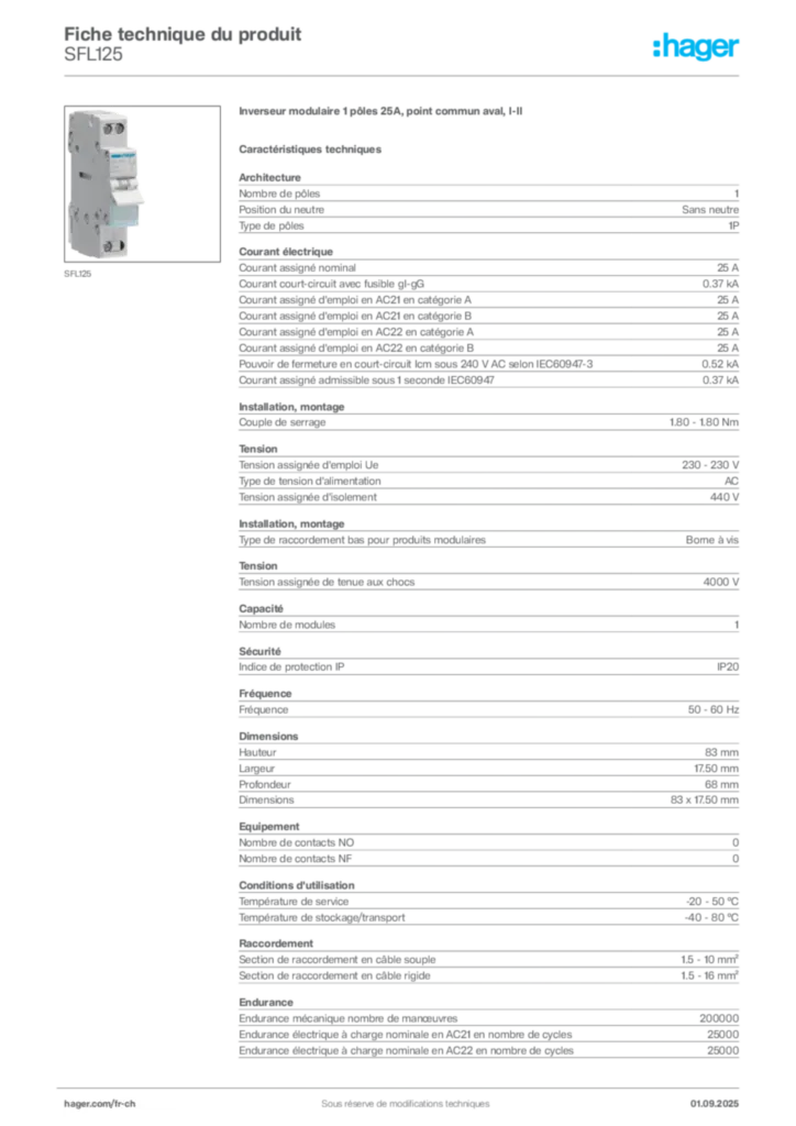 Image Hager Fiche technique du produit SFL125 | Hager Suisse