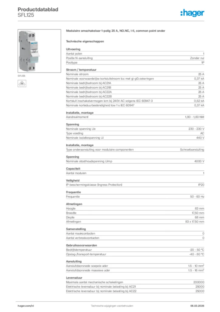 Afbeelding Hager Productdatablad SFL125 | Hager Nederland