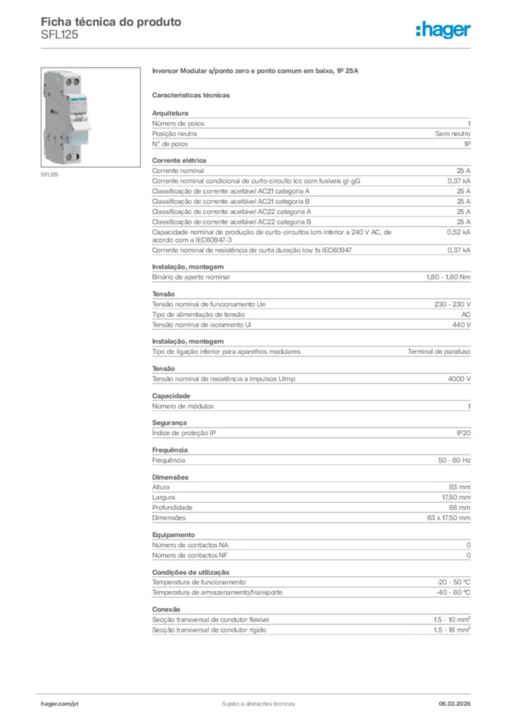 Imagem Hager Ficha técnica do produto SFL125 | Hager Portugal