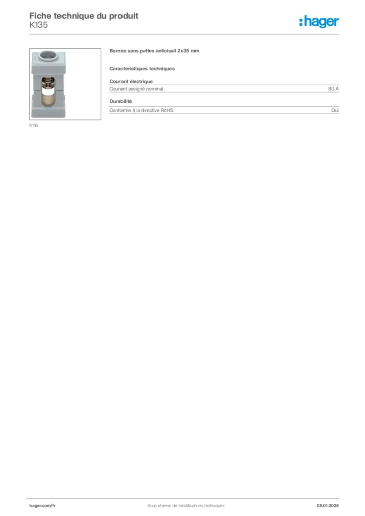 Image Hager Fiche technique du produit K135 | Hager France