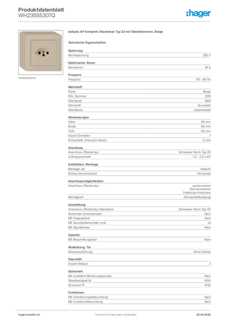 Bild Hager Produktdatenblatt WH23585307Q | Hager Schweiz