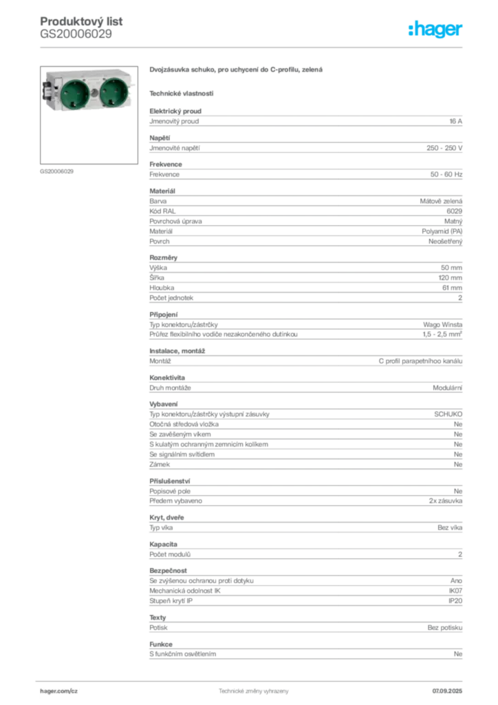 Obrázek Hager Produktový list GS20006029 | Hager