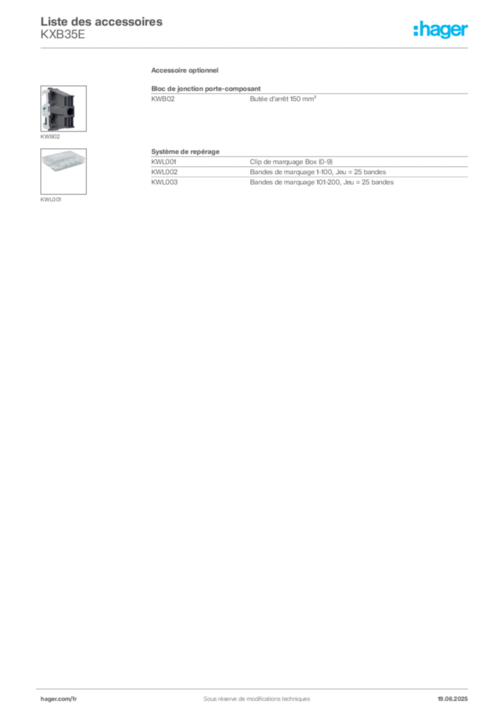 Image Hager Fiche technique du produit KXB35E | Hager France