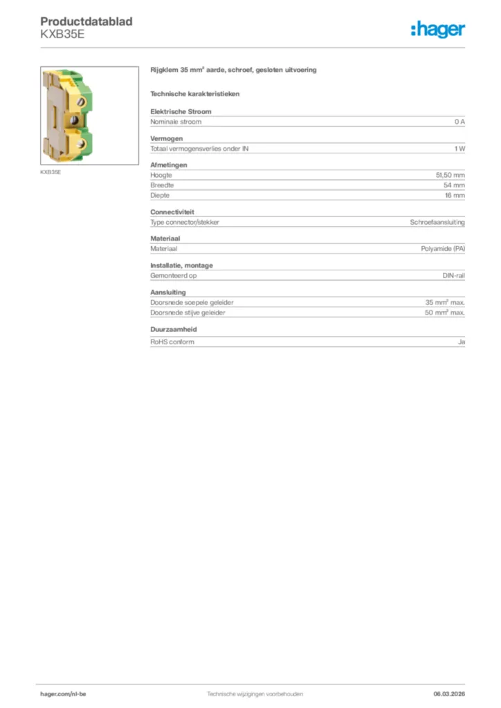 Afbeelding Hager Productdatablad KXB35E | Hager Belgium