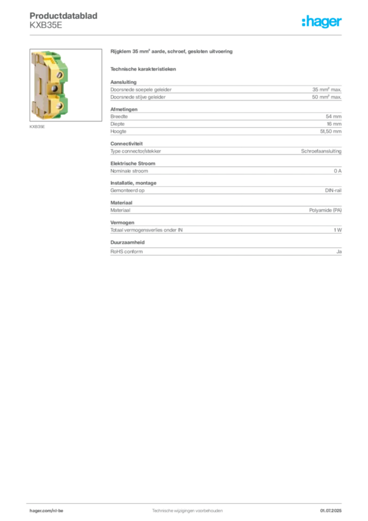 Afbeelding Hager Productdatablad KXB35E | Hager Belgium