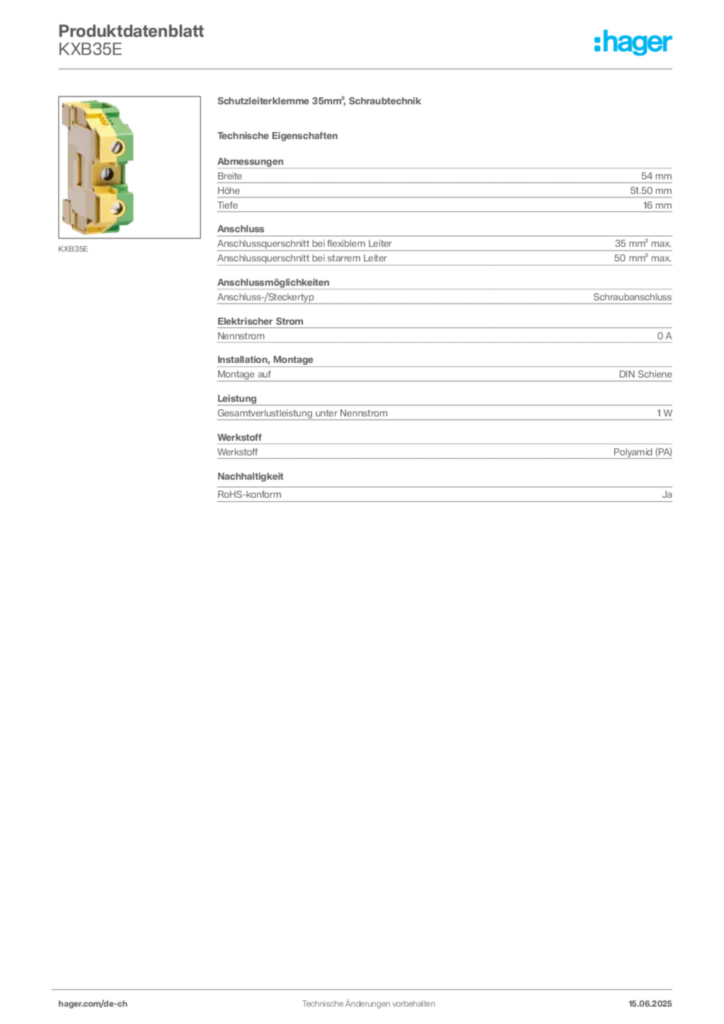Bild Hager Produktdatenblatt KXB35E | Hager Schweiz