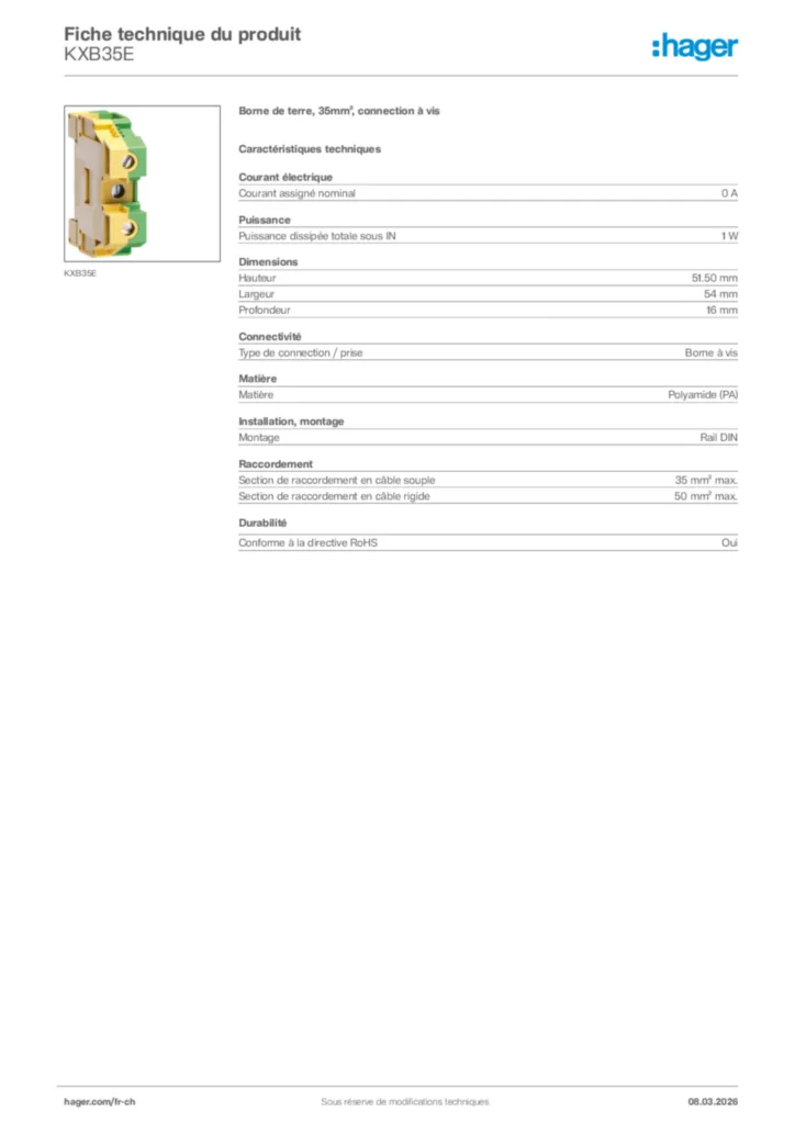 Image Hager Fiche technique du produit KXB35E | Hager Suisse