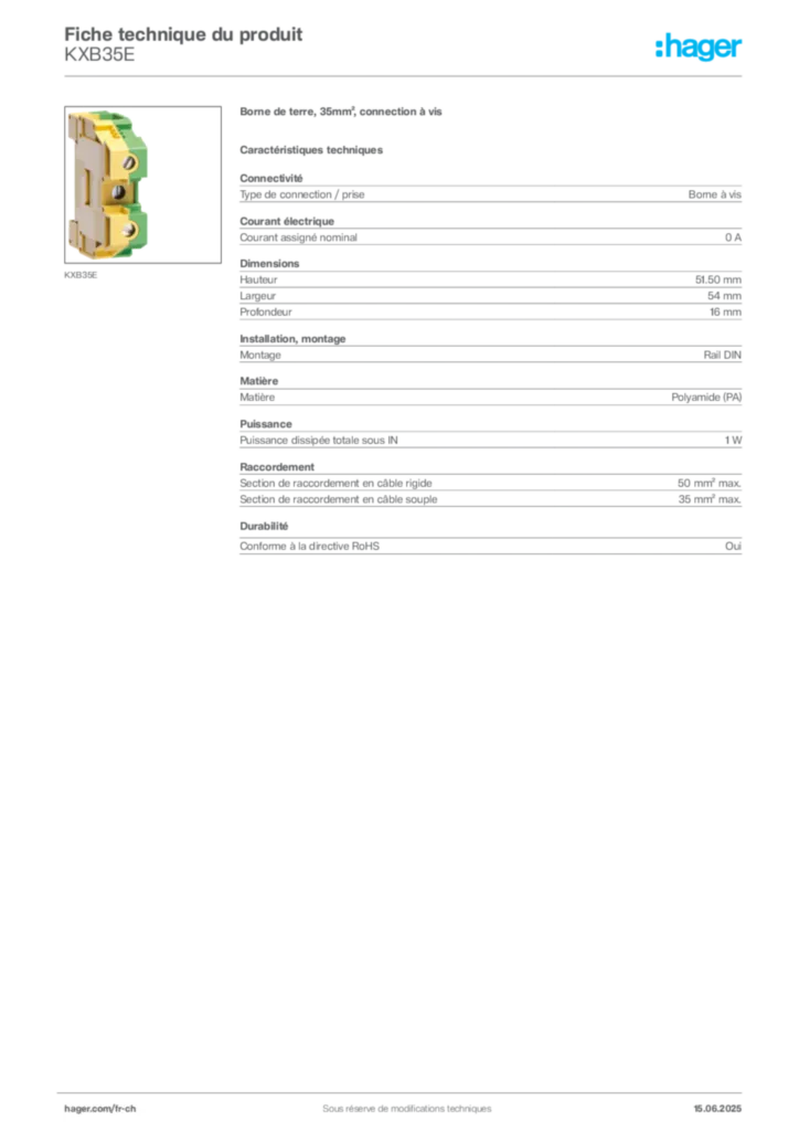 Image Hager Fiche technique du produit KXB35E | Hager Suisse