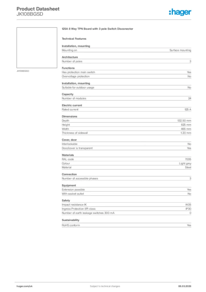 Image Hager Product data sheet JK108BGSD  | Hager